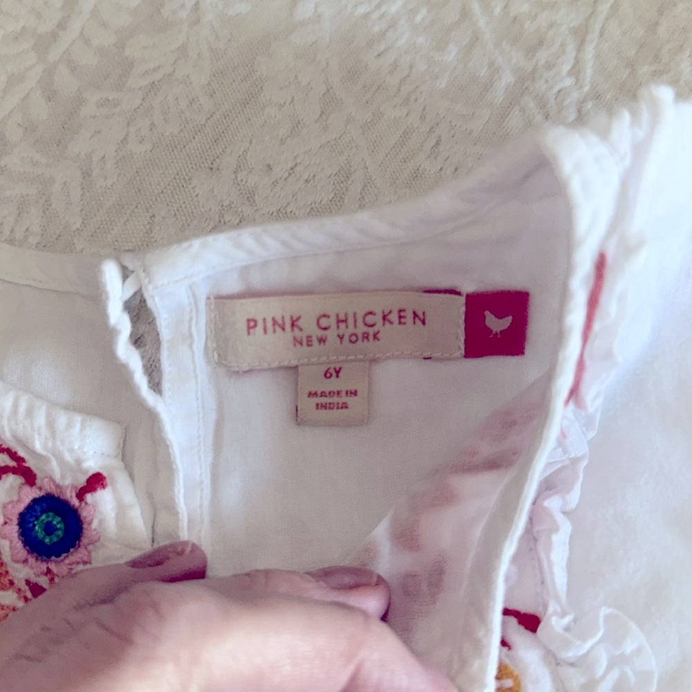 Pink Chicken White Tank Top with Colorful Embroidery - Picture 2 of 2